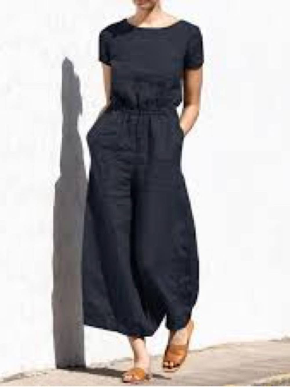 👹The Maybe Collection 100% Linen Short-Sleeve Wide-Leg Jumpsuit Navy trousers M